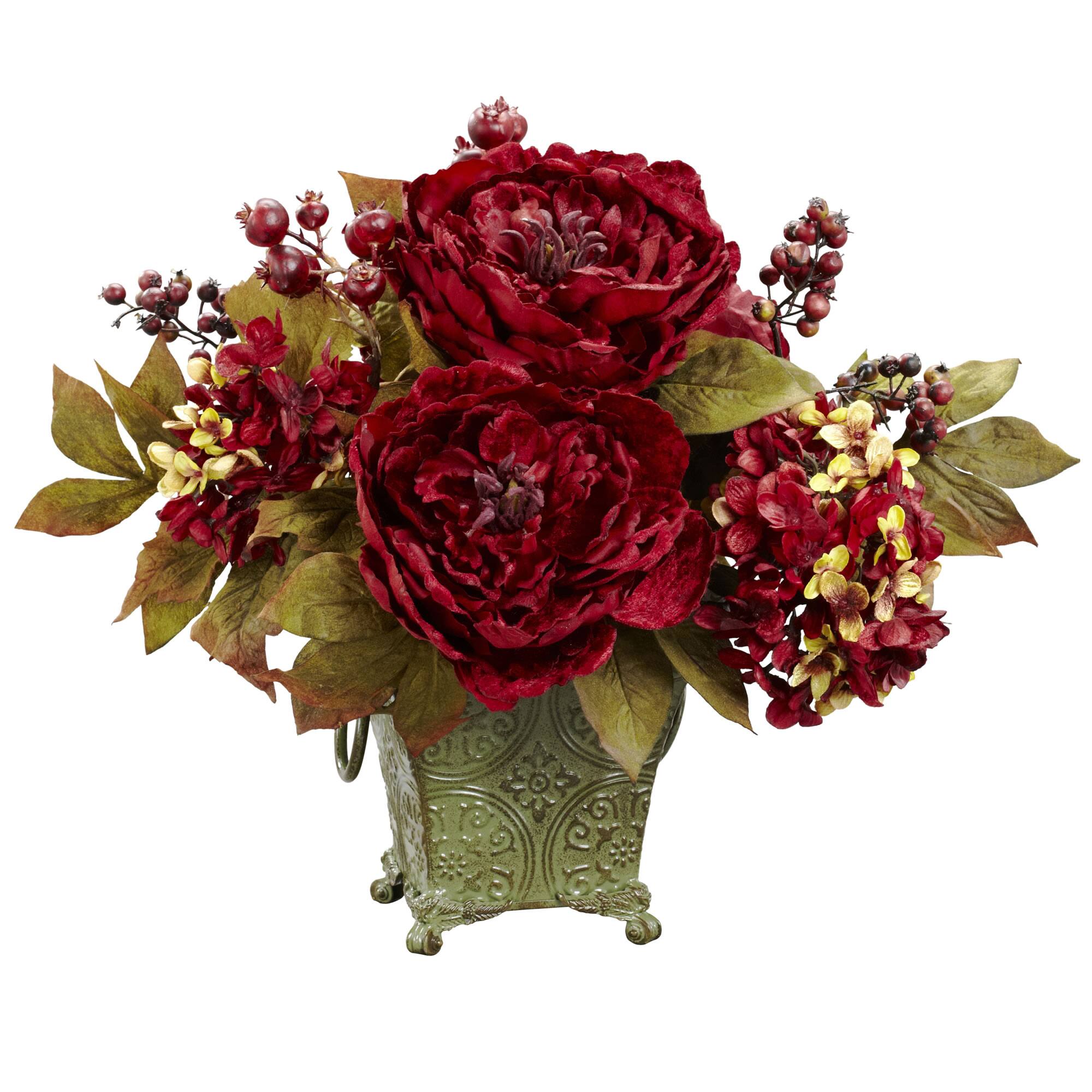 17" Peony & Hydrangea Arrangement in Ceramic Pot